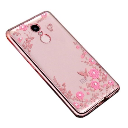 Накладка силиконовая для Xiaomi Redmi Note 4 прозрачная с розовой окантовкой и бабочкой
