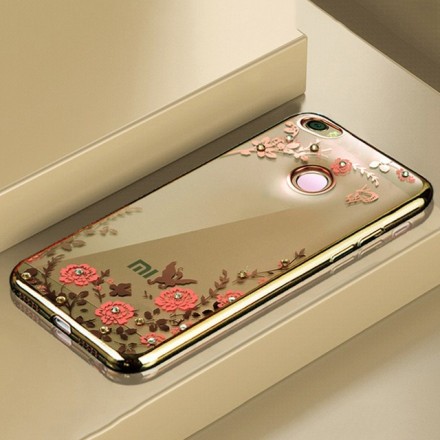 Накладка силиконовая для Xiaomi Redmi Note 5A Prime прозрачная с золотистой окантовкой и бабочкой