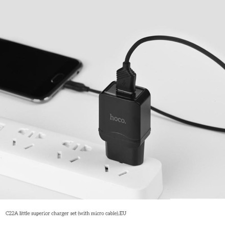 Сетевое зарядное устройство HOCO C22A черное + кабель mciro USB